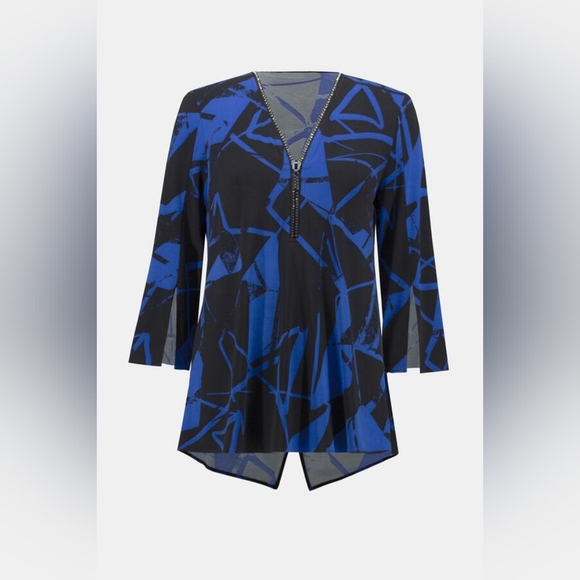 Joseph Ribkoff Edgy V-neck Zipper Top Style  Blue Black Blouse Sz 14 - Picture 3 of 16